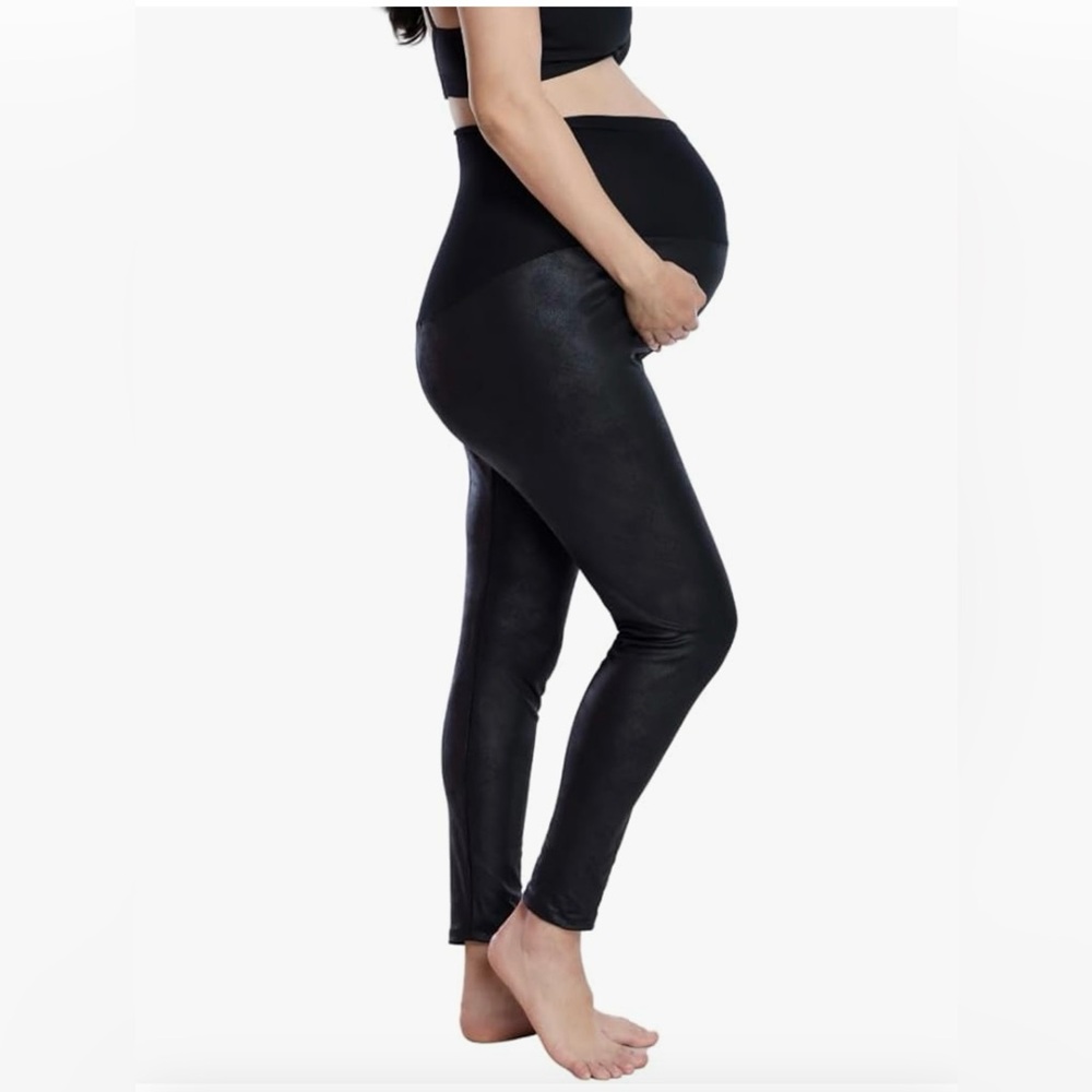 Fleece Lined Vegan Black Leather Maternity Leggings Large